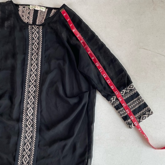 Anthropologie • Striving At Stars Blouse Top Tunic Black Sheer Tan Embroidery - Picture 7 of 9